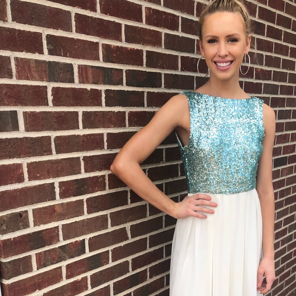 Light blue sequin and white flowy cocktail dress